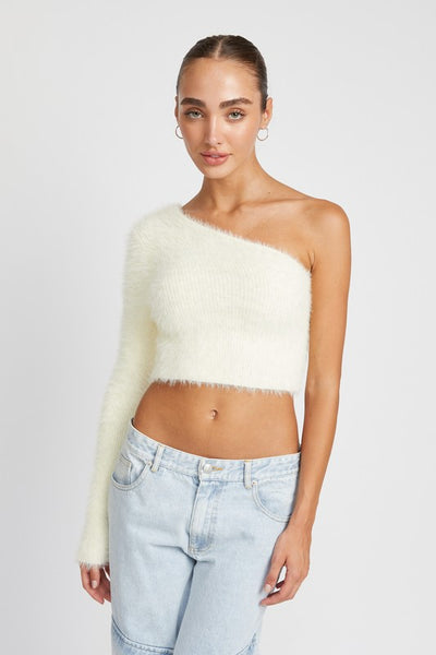 One Shoulder Fluffy Sweater Top - Fashions Envy