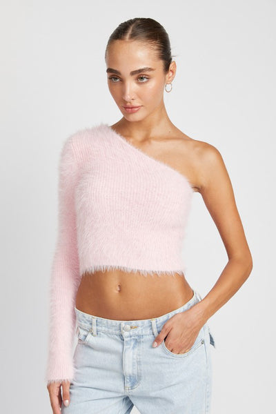 One Shoulder Fluffy Sweater Top - Fashions Envy