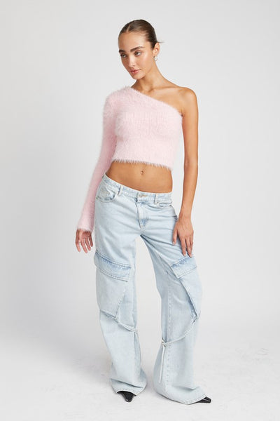 One Shoulder Fluffy Sweater Top - Fashions Envy