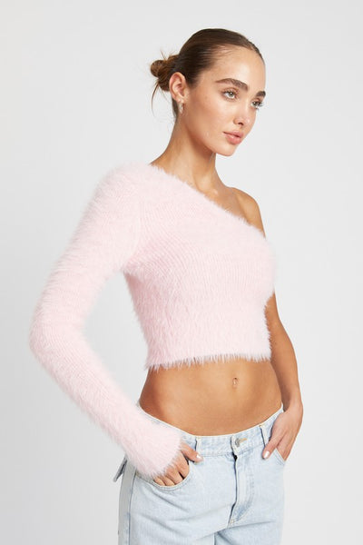 One Shoulder Fluffy Sweater Top - Fashions Envy