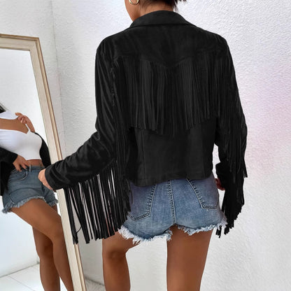 Women's Black V-Neck Fringe Jacket - Long Sleeve Short Coat