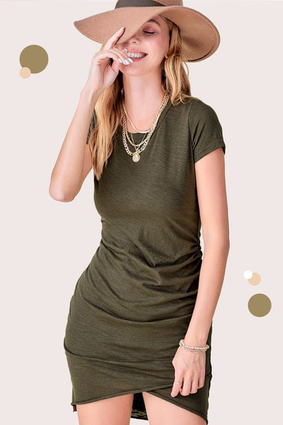 Soft Ruched Round Neck Short Sleeve Mini Dress - Fashions Envy