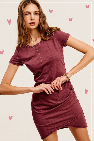 Soft Ruched Round Neck Short Sleeve Mini Dress - Fashions Envy