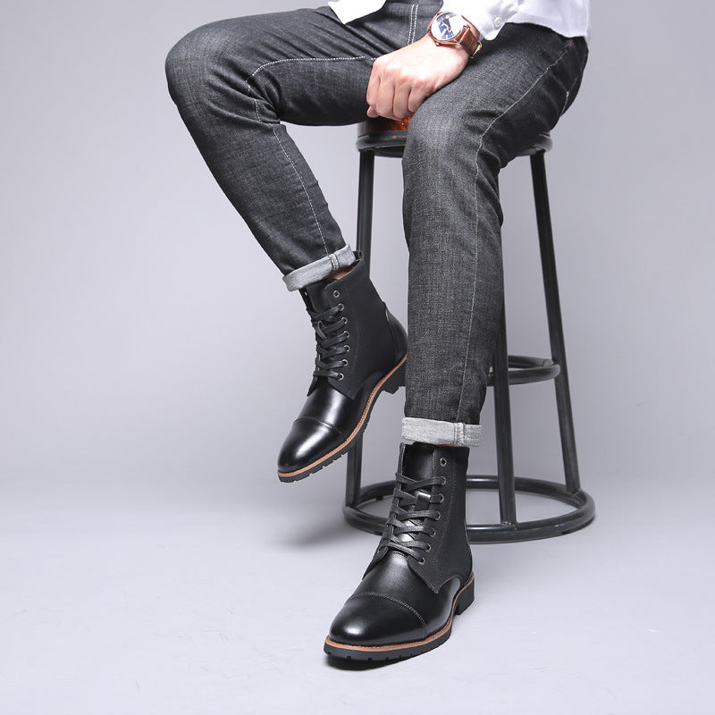 Pointed Tip Lace-up Leather Splicing Martin Boots