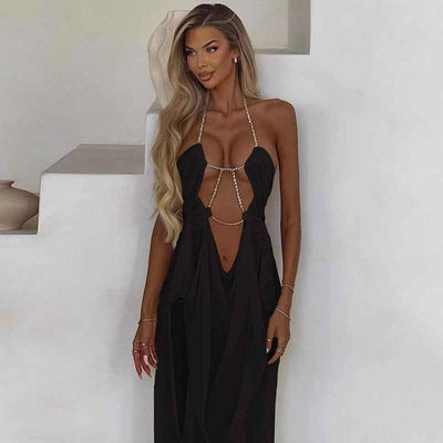 Summer New Vacation Fashion Sexy Mesh Sheer Low-Cut Halter Dress for Women
