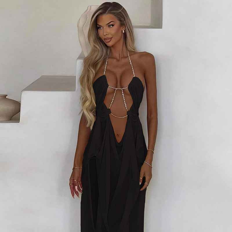 Summer New Vacation Fashion Sexy Mesh Sheer Low-Cut Halter Dress for Women