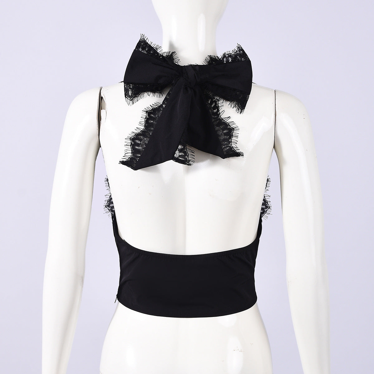 Backless Halter Crop Top - Deep V-Neck Black Style