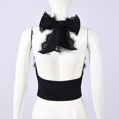 Backless Halter Crop Top - Deep V-Neck Black Style