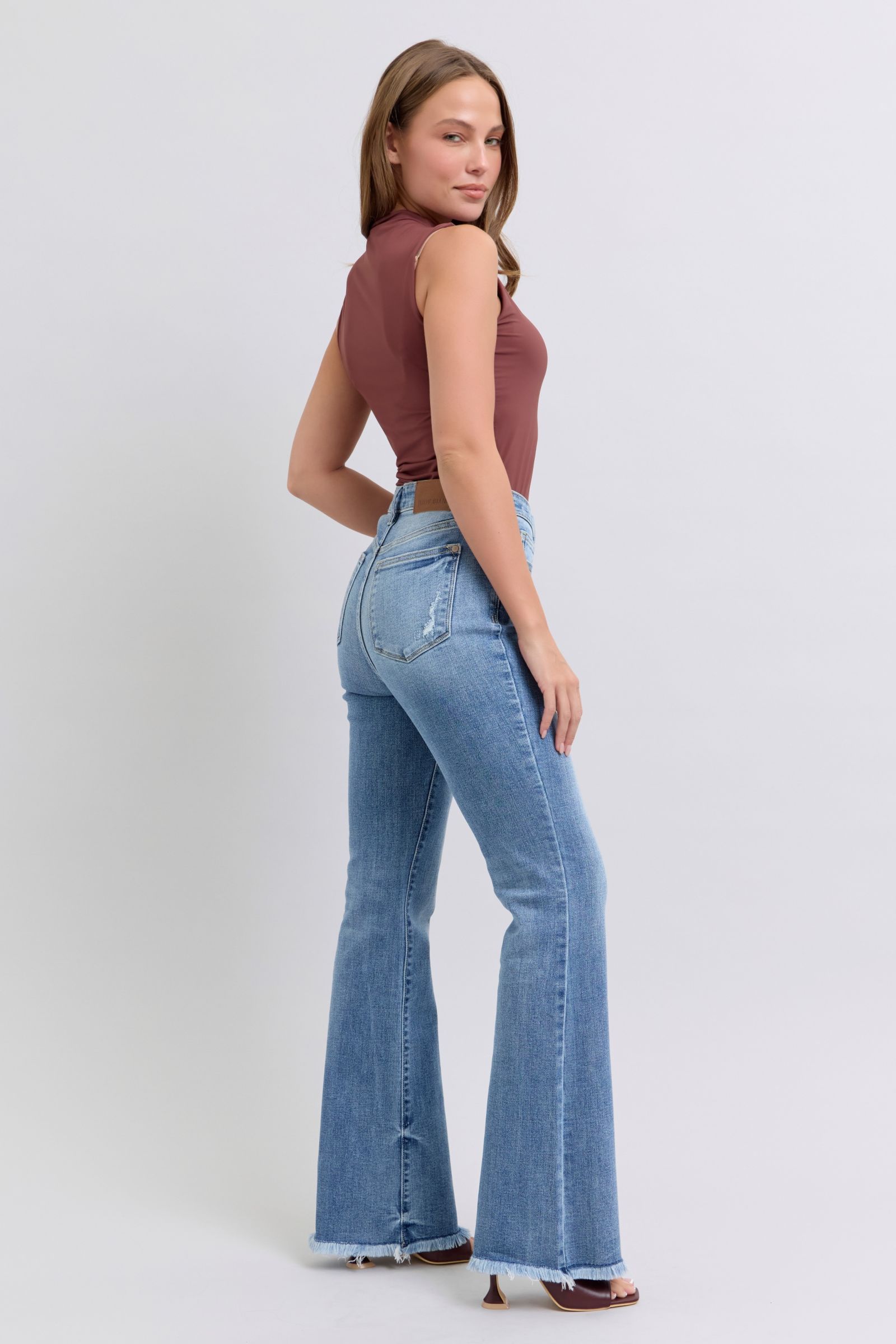 Medium Blue Full Size Raw Hem High Rise Bootcut Judy Jeans