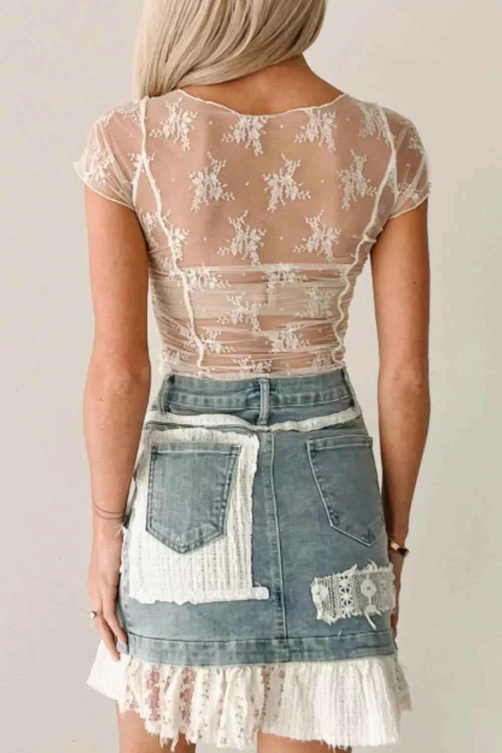 Exposed Seam Ruched Sheer Floral Mesh Top