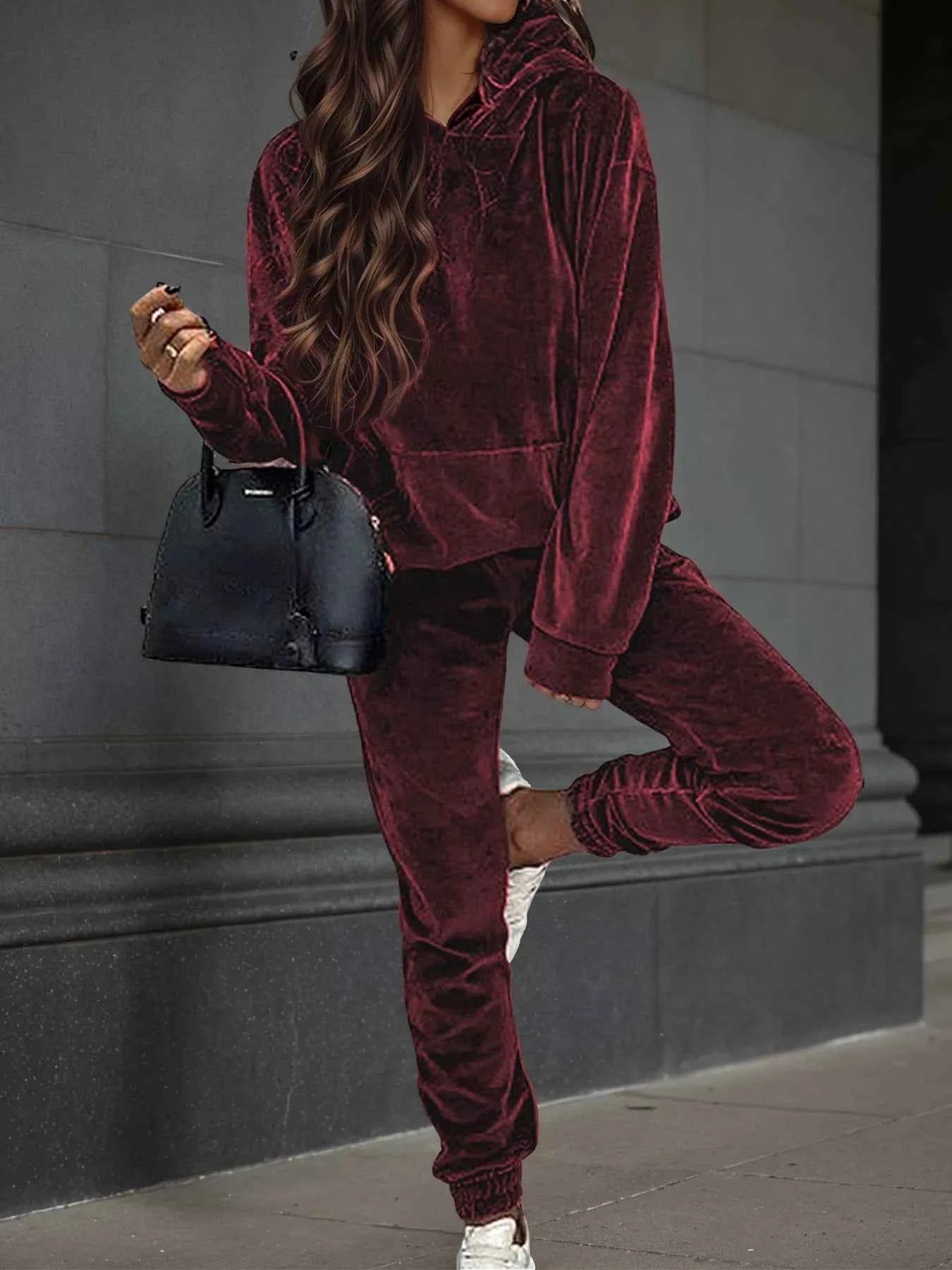 Velvet Long Sleeve Hoodie and Pants Set