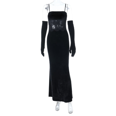 Velvet Evening Gown - Lace Halter with Long Gloves - Fashions Envy