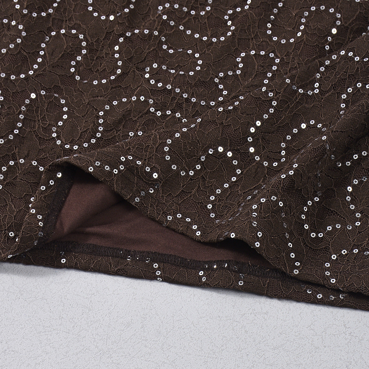 Lace Sequin Bodysuit and Skirt Set - Brown Mini Outfit