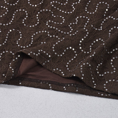 Lace Sequin Bodysuit and Skirt Set - Brown Mini Outfit