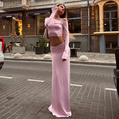 Two-Piece Skirt Set - One Shoulder Top Outfit