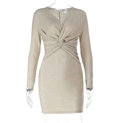 Gold Bodycon Dress - Twisted V-Neck Long Sleeve Wrap
