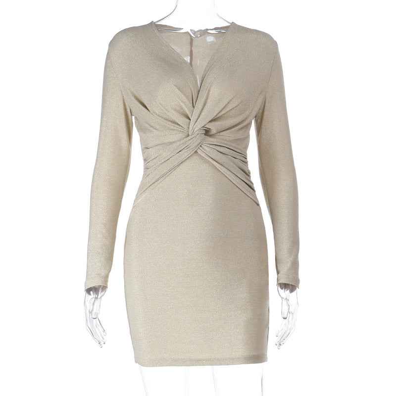 Gold Bodycon Dress - Twisted V-Neck Long Sleeve Wrap