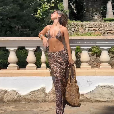 Vacation Style Leopard Bikini Set -  Maxi Skirt Cover-Up