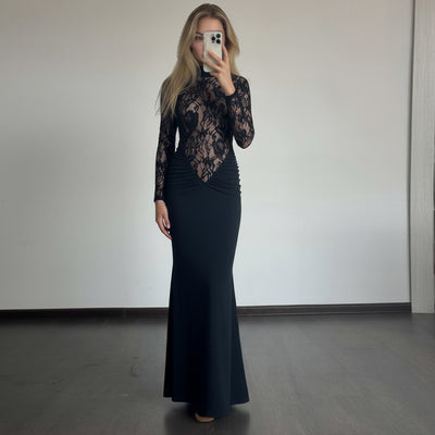 High Neck Lace Maxi Dress - Long Sleeve Black - Fashions Envy