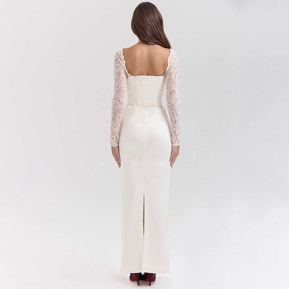 White Sweetheart Neck Maxi Dress - Lace Spliced Long Sleeve Bodycon