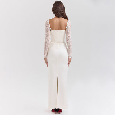 White Sweetheart Neck Maxi Dress - Lace Spliced Long Sleeve Bodycon
