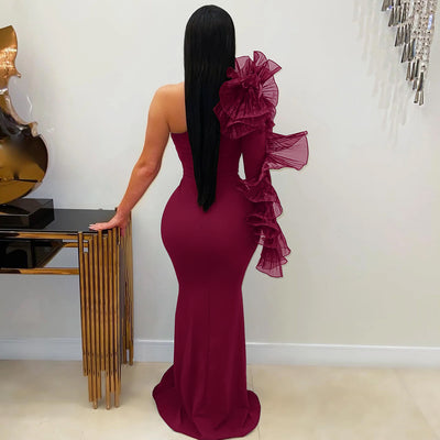 Single Ruffle Sleeve Fitted Dress - Elegant Fashion Gown