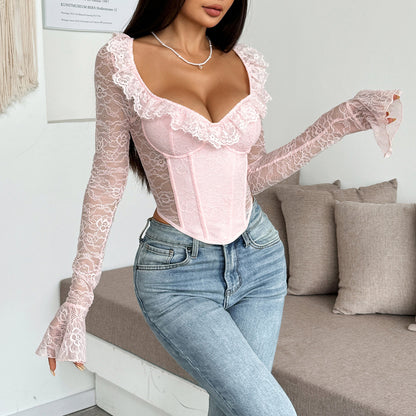 Lace Corset Top - Floral Long Sleeve Fitted Blouse