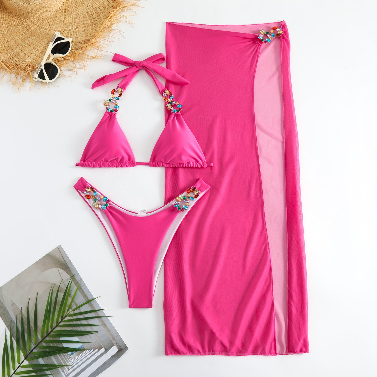 Three-Piece Bikini Set - Rhinestone Embellished Swimsuit - Fashions Envy