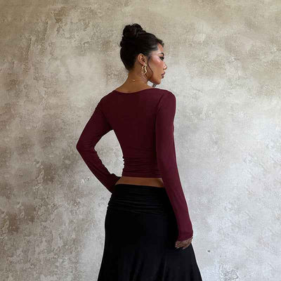 Rhinestone Long Sleeve Top - Burgundy Slim Fit Knit
