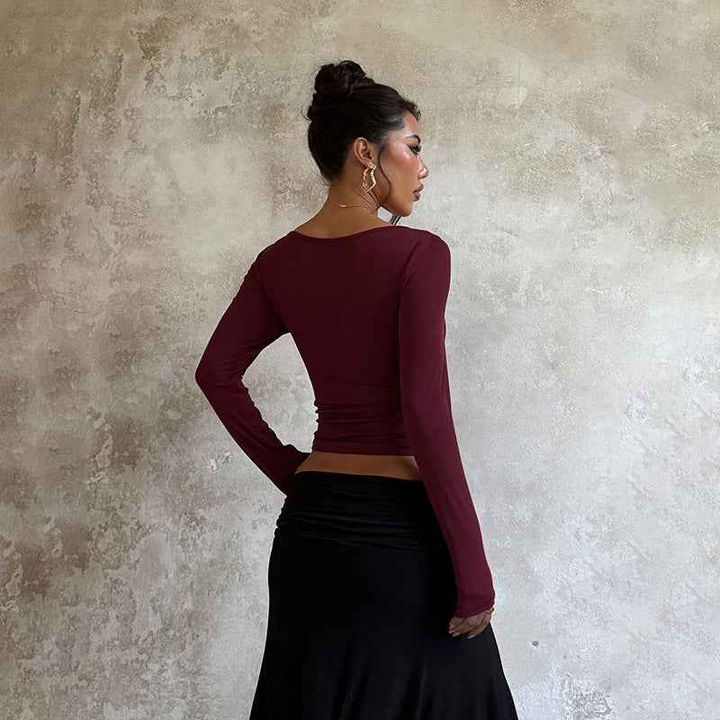 Rhinestone Long Sleeve Top - Burgundy Slim Fit Knit