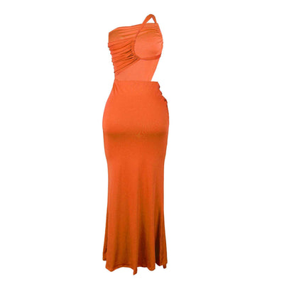 One Shoulder Cutout Maxi Dress - Pleated Bodycon Fit