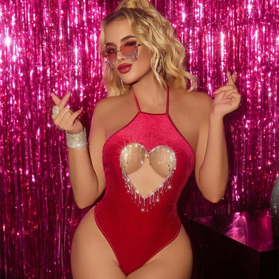 Velvet Bodysuit Lingerie - Halter Neck Cutout Style - Fashions Envy