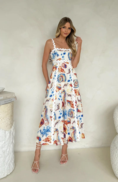 Floral Patchwork Cami Midi Dress - High Waist Boho