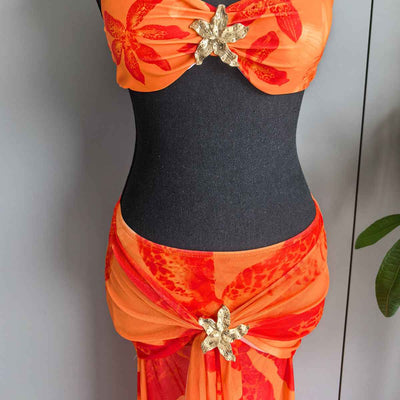 Orange Print Bikini Set - Tie Strap Triangle Two-Piece Swimsuit