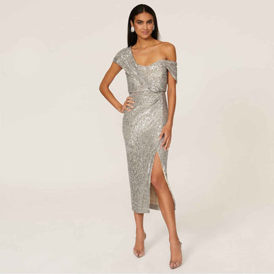 Sequin Midi Dress - White Short Sleeve Round Neck Party