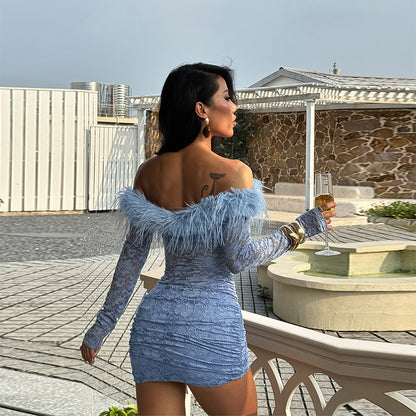 Off Shoulder Lace Dress - Blue Bodycon Mini - Fashions Envy