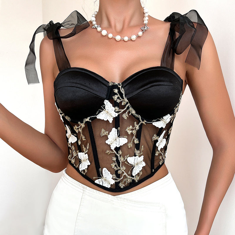 Butterfly Crop Top - Embroidered Lace-Up Strapless Style