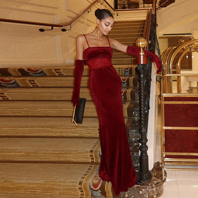 Velvet Evening Gown - Lace Halter with Long Gloves - Fashions Envy