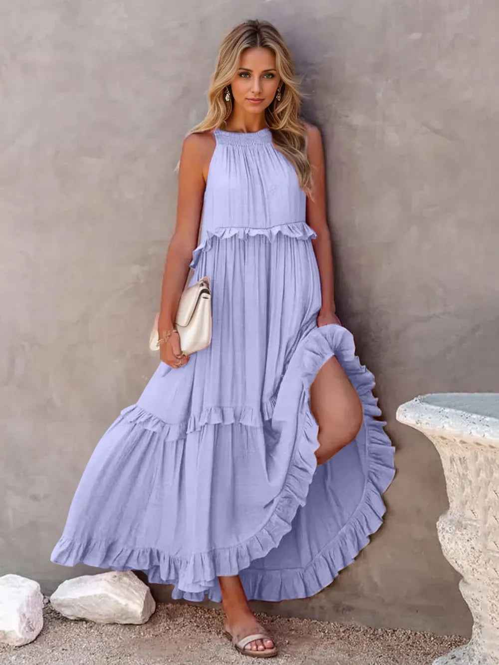 Smocked Tiered Ruffle Maxi Dress - Sleeveless with Pockets