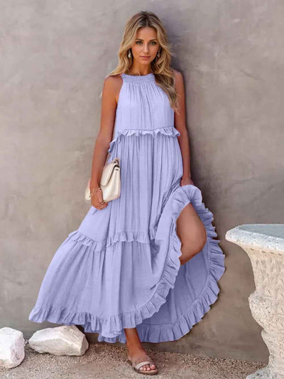 Smocked Tiered Ruffle Maxi Dress - Sleeveless with Pockets