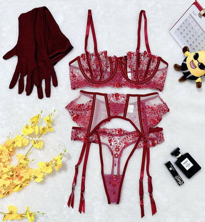 Floral Embroidery Mesh Lingerie Set - Sheer Patchwork - Fashions Envy