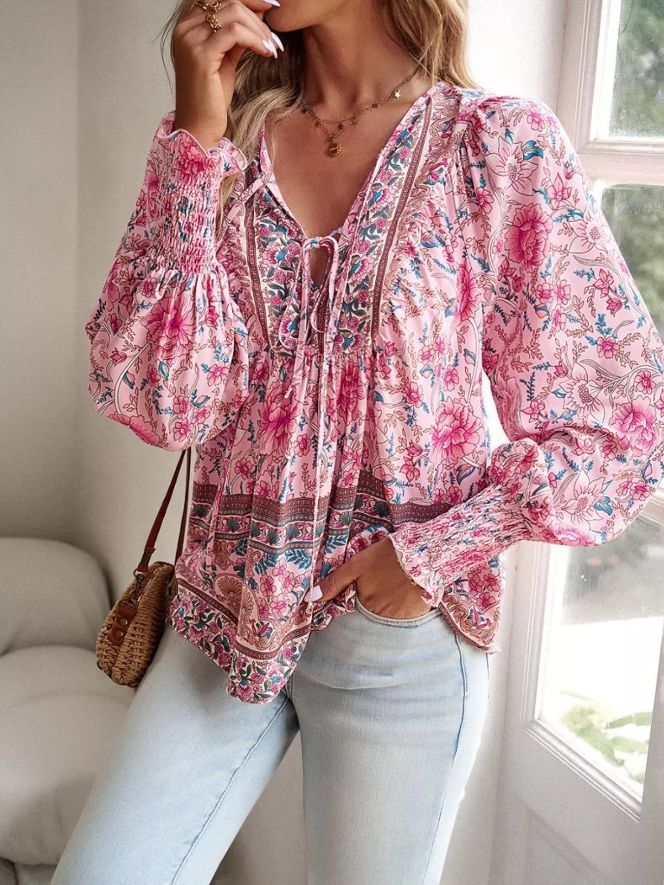Bohemian Blouse - Floral Print Tie Neck - Fashions Envy