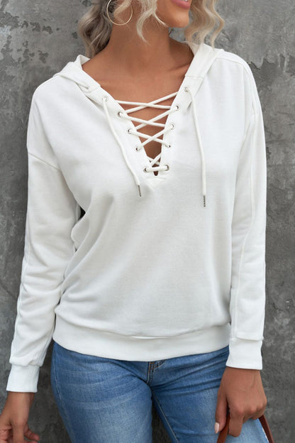 Lace Up V-neck Long Sleeve Hoodie