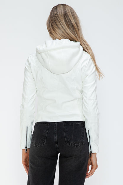 White Faux Leather Zip Up Drawstring Hooded Jacket