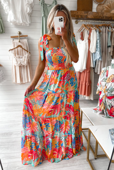 Smocked Ruffle Tiered Maxi Dress - Vibrant Tropical Print