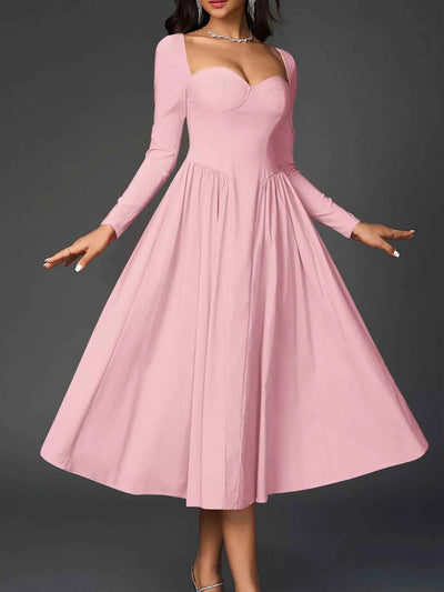 Sweetheart Neckline Long Sleeve A-Line Midi Dress