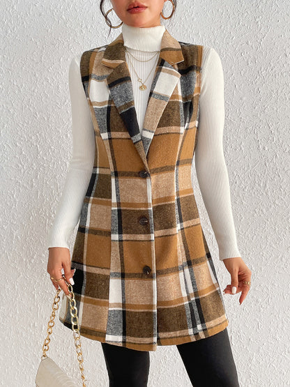 Honey Plaid Lapel Collar Vest - Fashions Envy