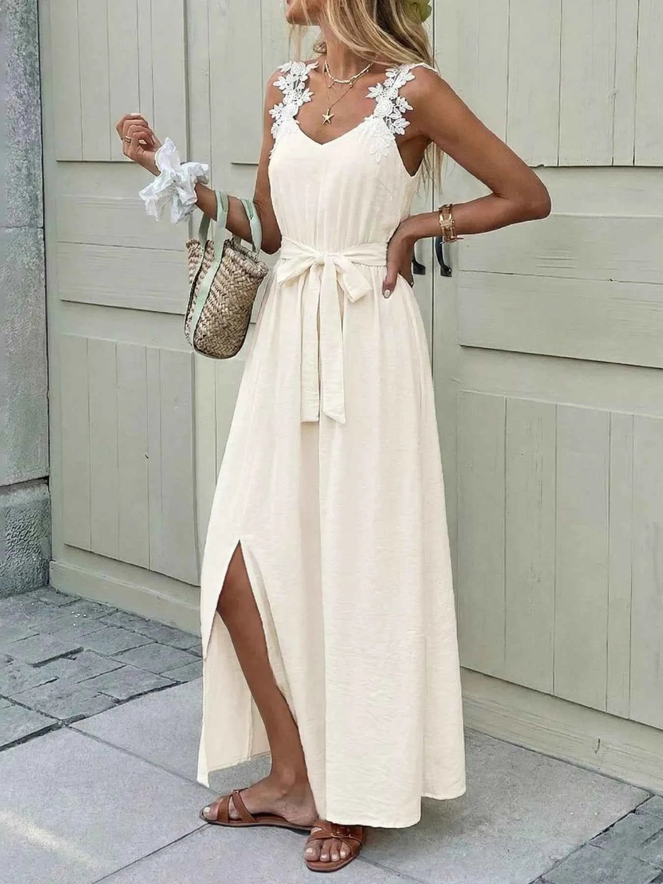 Slit Maxi Dress - Tie Waist Lace Trim Detail