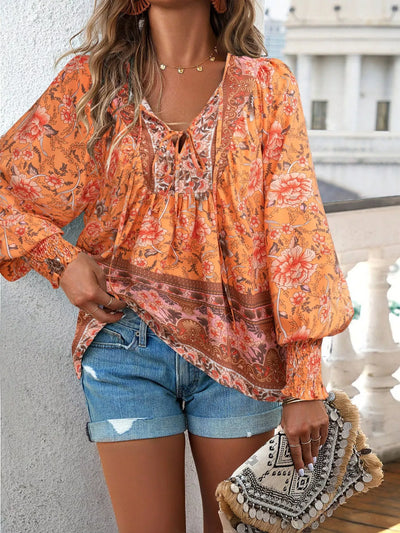 Bohemian Blouse - Floral Print Tie Neck - Fashions Envy