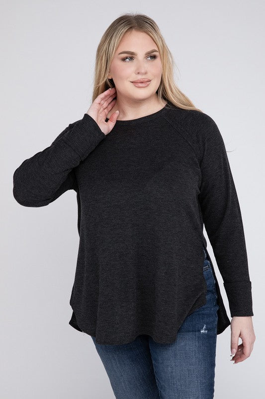 Plus Melange Baby Waffle Long Sleeve Top